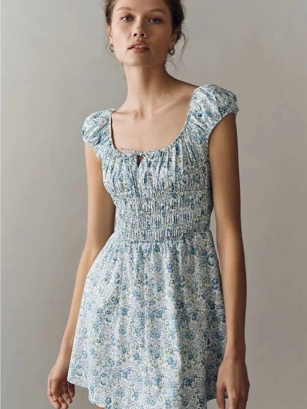 Anthropologie Blue Floral Smocked Mini Dress